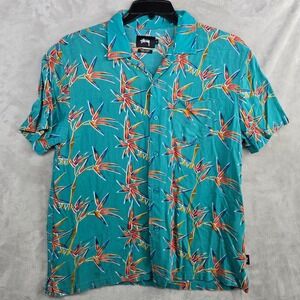 Stussy Mens Large Floral Bird of Paradise Print Short Sleeve Button‎ Down Shirt